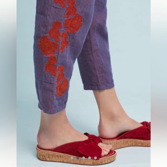 Anthropologie Linen Cropped Elastic Waist Pull-On Embroidered Pants Sz Large - Picture 4 of 14